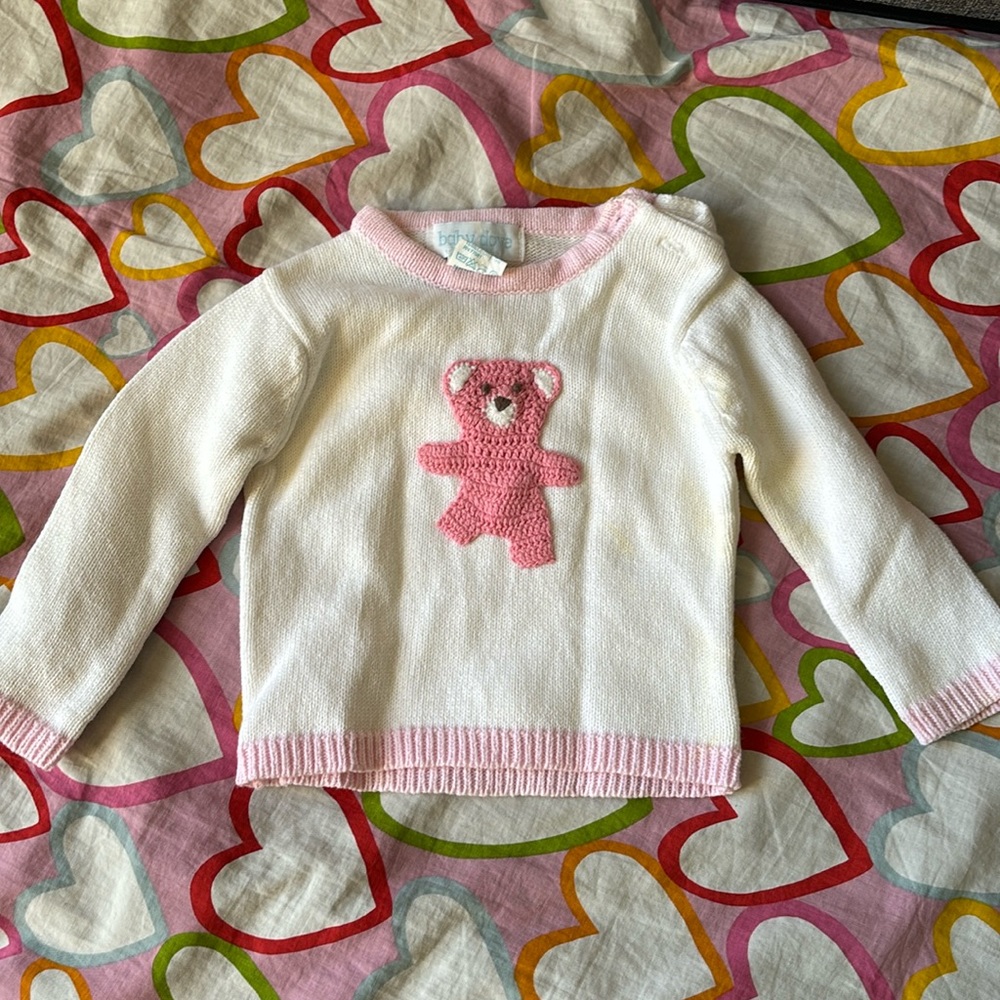 Used Baby dove 100% cotton 3 to 6 months,pink teddy bear sweater with stain